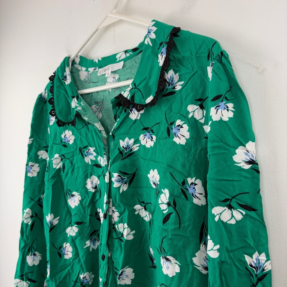 Cleo Green Floral Button-Up Blouse Peter Pan Collar Cottagecore Feminine Chic - Picture 8 of 10